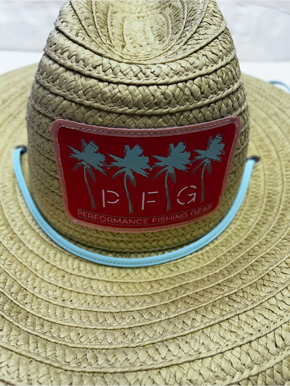 Columbia Kids Straw Sun Hat in Natural with Red Patch and Aqua Trim